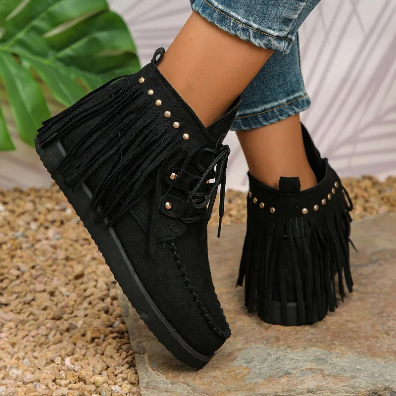 2025 New Fall Winter Women's Vintage Tassel Lace-Up Ankle Boots Fall/Winter Round Toe Women's Suede Western Denim