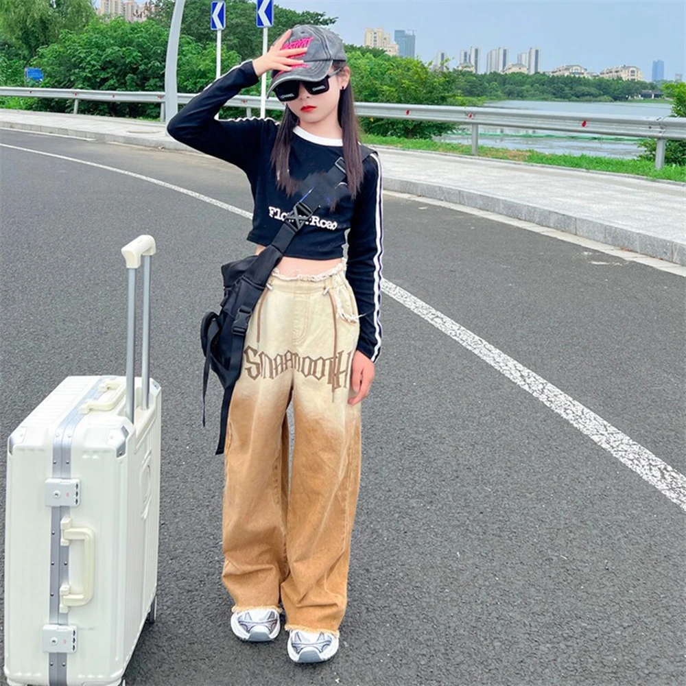 Teenage Girls Fashion Gradient Long Jeans New Autumn Hot Deal Elastic Waist Trousers Cool Hip Hop Streetwear Kids Denim Pants