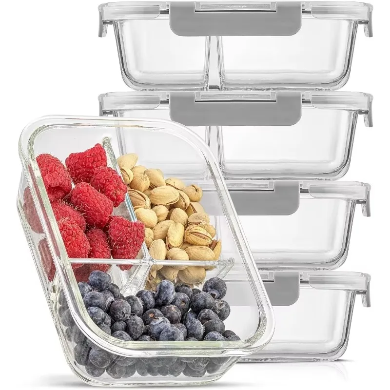 Divided 3 Compartment Glass Meal Prep Bento Box Set. 5 Pack Airtight Food Storage Containers with Lids for Portion Control