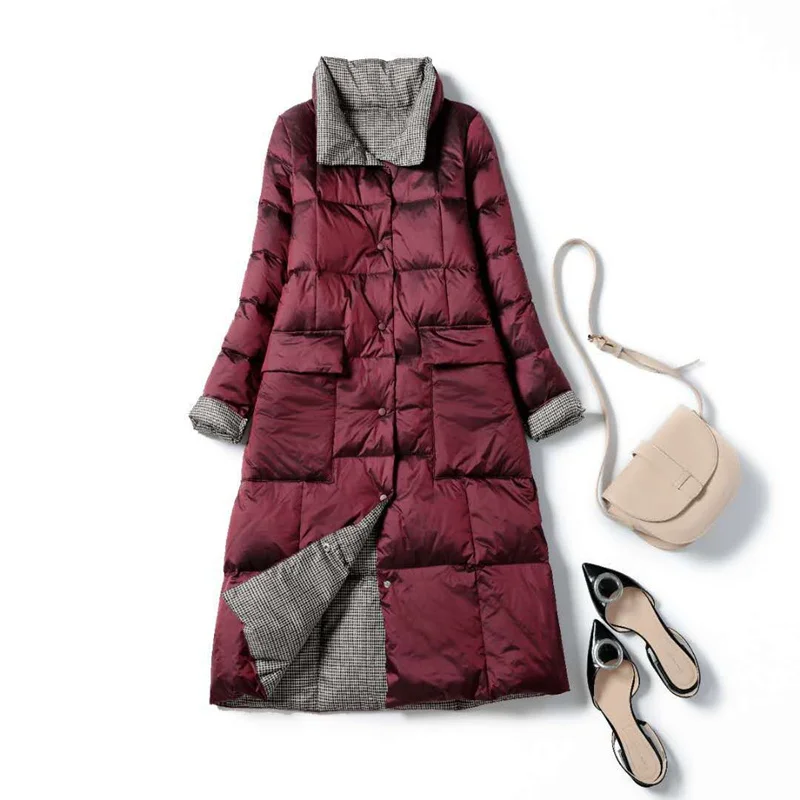 

Fashion Warm White Duck Down Jacket Women's New Long Solid Color Double Side Stand Up Collar Singel Breasted Slim