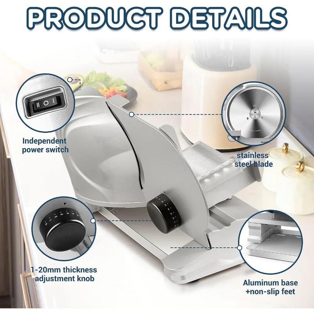 قطاعة لحم للمنزل بسمك قابل للتعديل 1-20 مم، قطاعة ديلي كهربائية لصينية الطعام، اثنان من 9 شفرات من الفولاذ المقاوم للصدأ