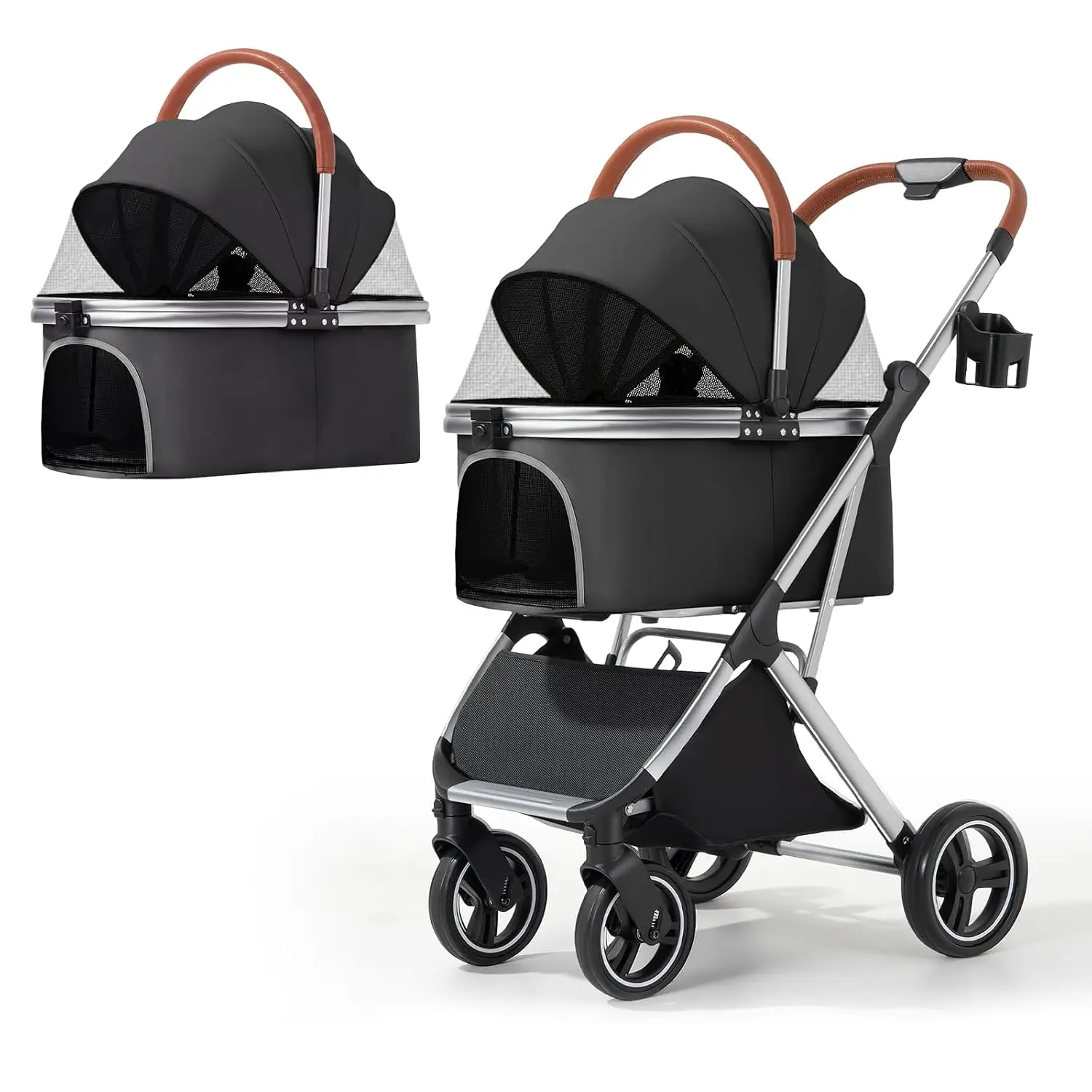 3-in-1 Detachable Pet Carrier Stroller for Small Medium Dogs Cats up to 44 lbs, 4-Wheel One-Hand Fold Travel Carriage with Storage Basket, Pet Pad and Cup Holder, Black