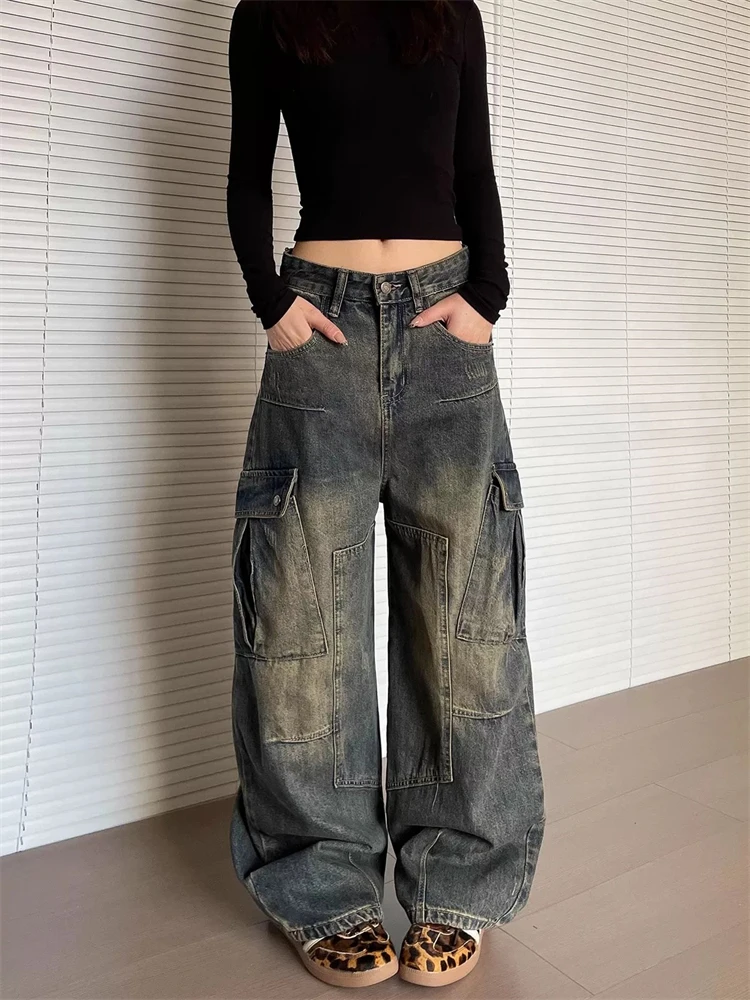 Women's Multi-pocket Design Retro Jeans 90s Casual Streetwear Unisex Pants Female Wide Leg Trousers Sweatpants Women