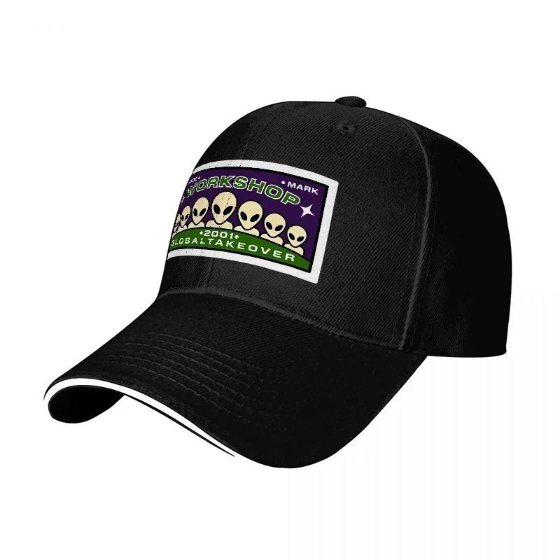 WORKSHOP ALIEN GLOBAL TAKEOVER 2001 BASEBALL CAP WITH VINTAGE PATCH DESIGN BLACK AND WHITE TRIM STYLE