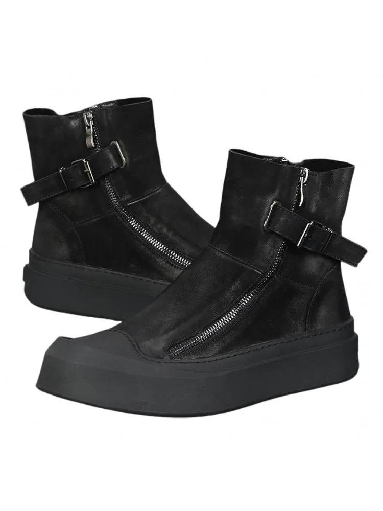 Fashion Men Buckle Strap Zipper High Top Skateboard Shoes Thick Platform Ankle Boots Cowhide Genuine Leather Joggers Sneakers