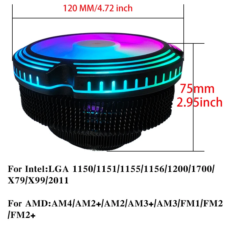 120MM CPU Air Cooler 4PIN PWM PC Radiator Cooling CPU Fan for Intel 1366 2011 1700 1200 1150 1155 1156 X79 X99 AM3 AM4 AM5