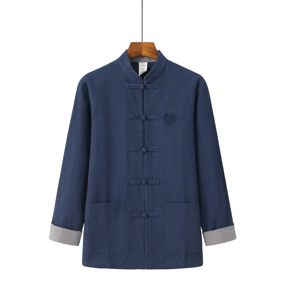 Spring Men Linen Tunic Coat Green Red Gray Blue Mandarin Collar Button Design Jacket Outerwear For The Year of the Dragon 2024