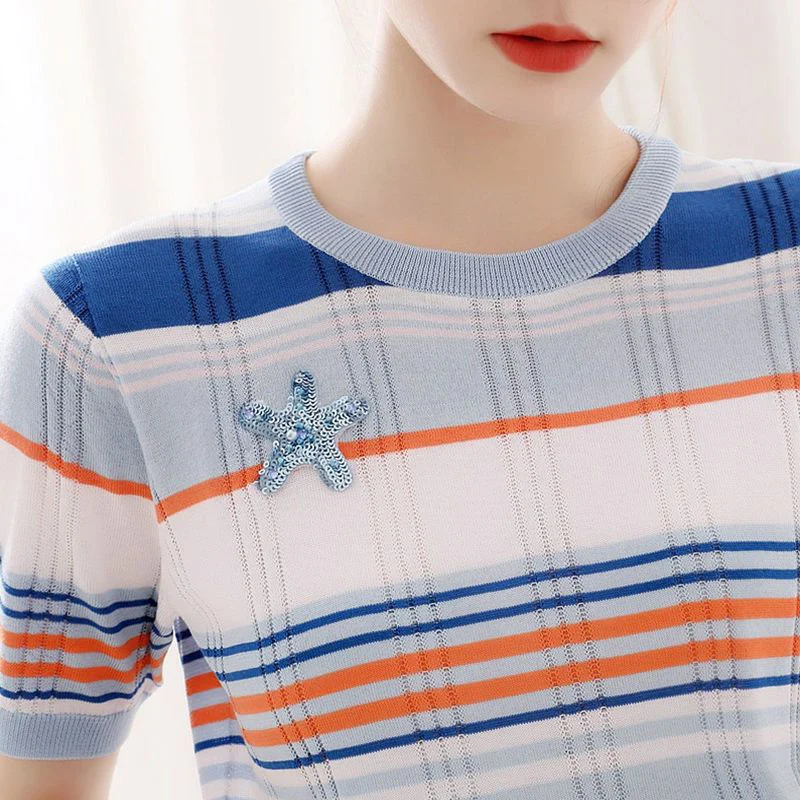 Summer Round Neck Striped Knitted Tee Women Loose Casual Fashion Short Sleeve All-match Pullovers Ladies Comfortable T-shirt Top