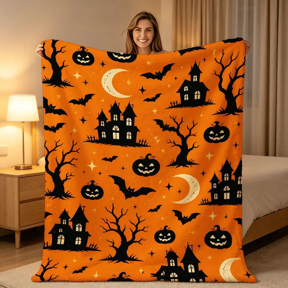 Halloween Throw Blanket Soft Fleece Blanket with Jack-O-Lantern Haunted House Bat Print Decorative Bedding for Sofa Living Room Bedroom Cozy Fall Holiday Gift Decor