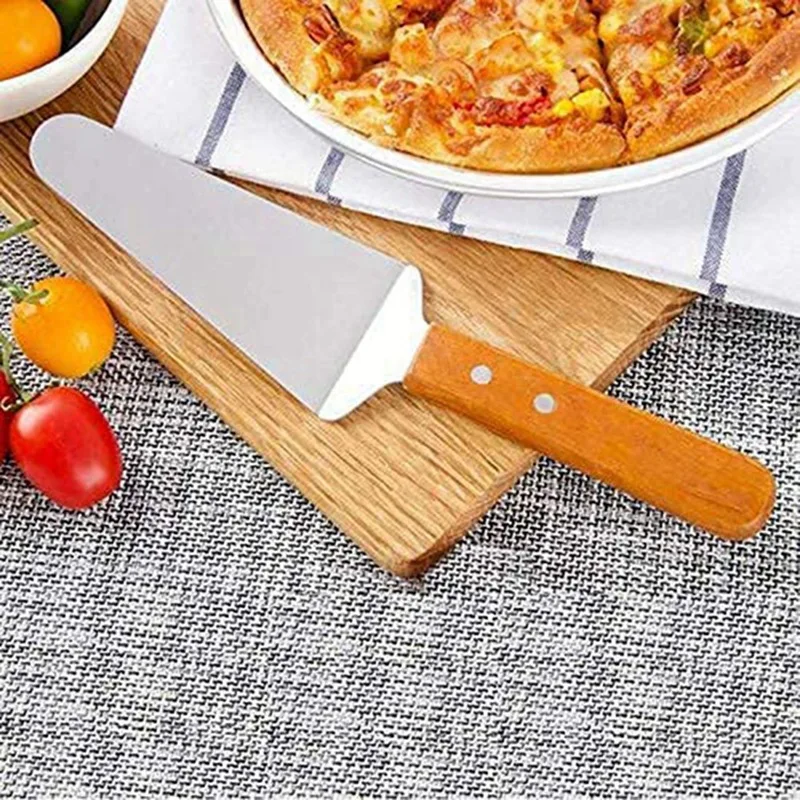 10Pcs Pie Server Cake Support Transmission Triangle Shovel Spatula Wooden Handle Shovel Stainless Steel For Pizza