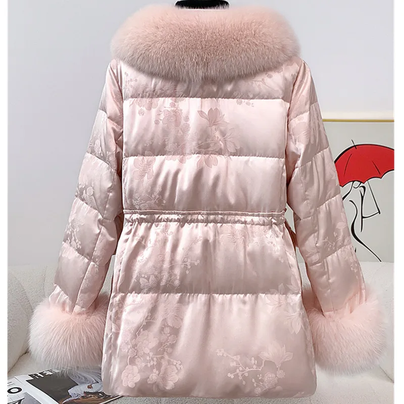 معطف فرو الثعلب للنساء الراقية 2026 منتصف إلى طويل التخسيس الشتاء أوزة أسفل معاطف أنثى موضة معطف باركر دافئ #6