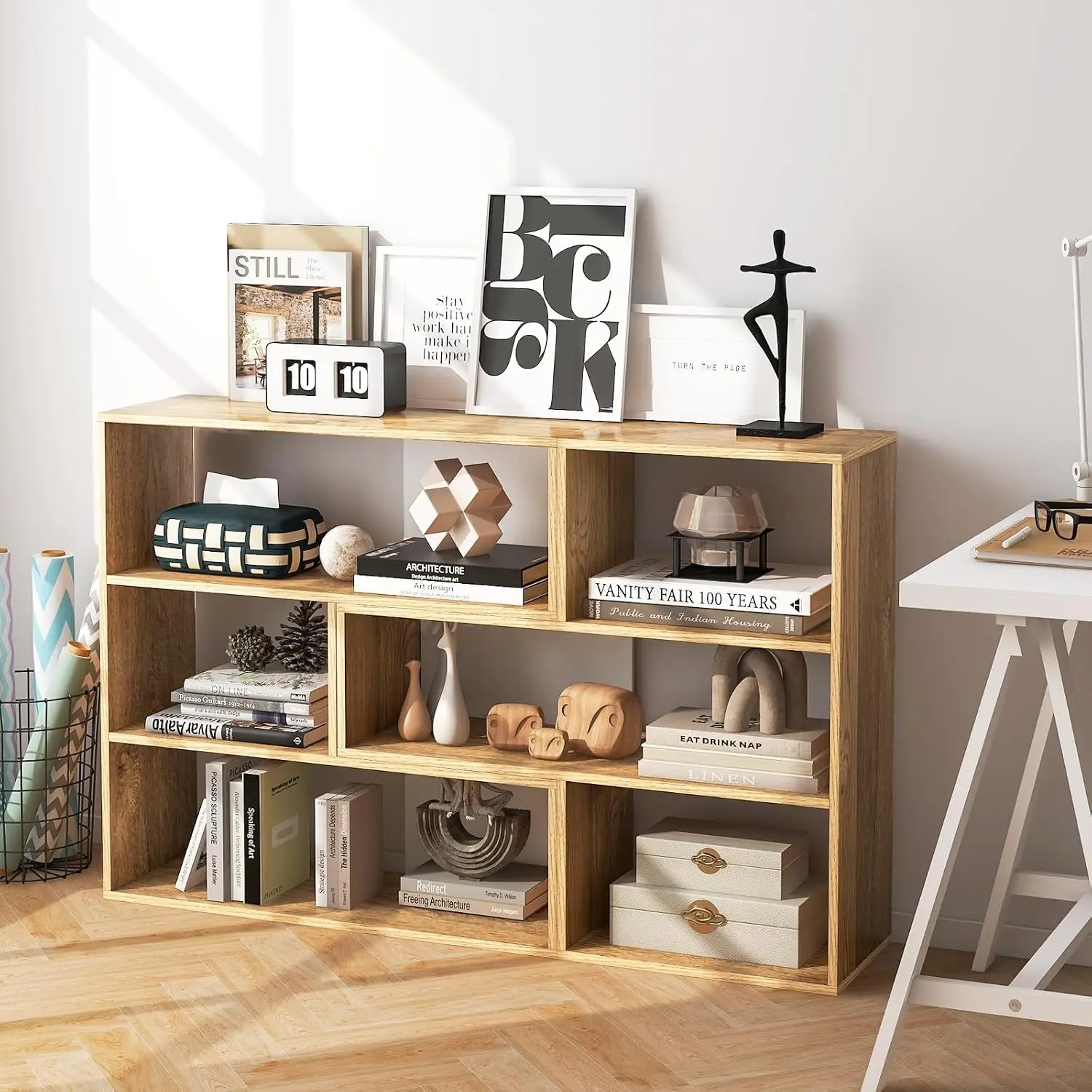 6-Cube Bookcase 2-Piece Separable Open Horizontal Bookshelf Display Storage Shelf Living Room Office Natural, Customized