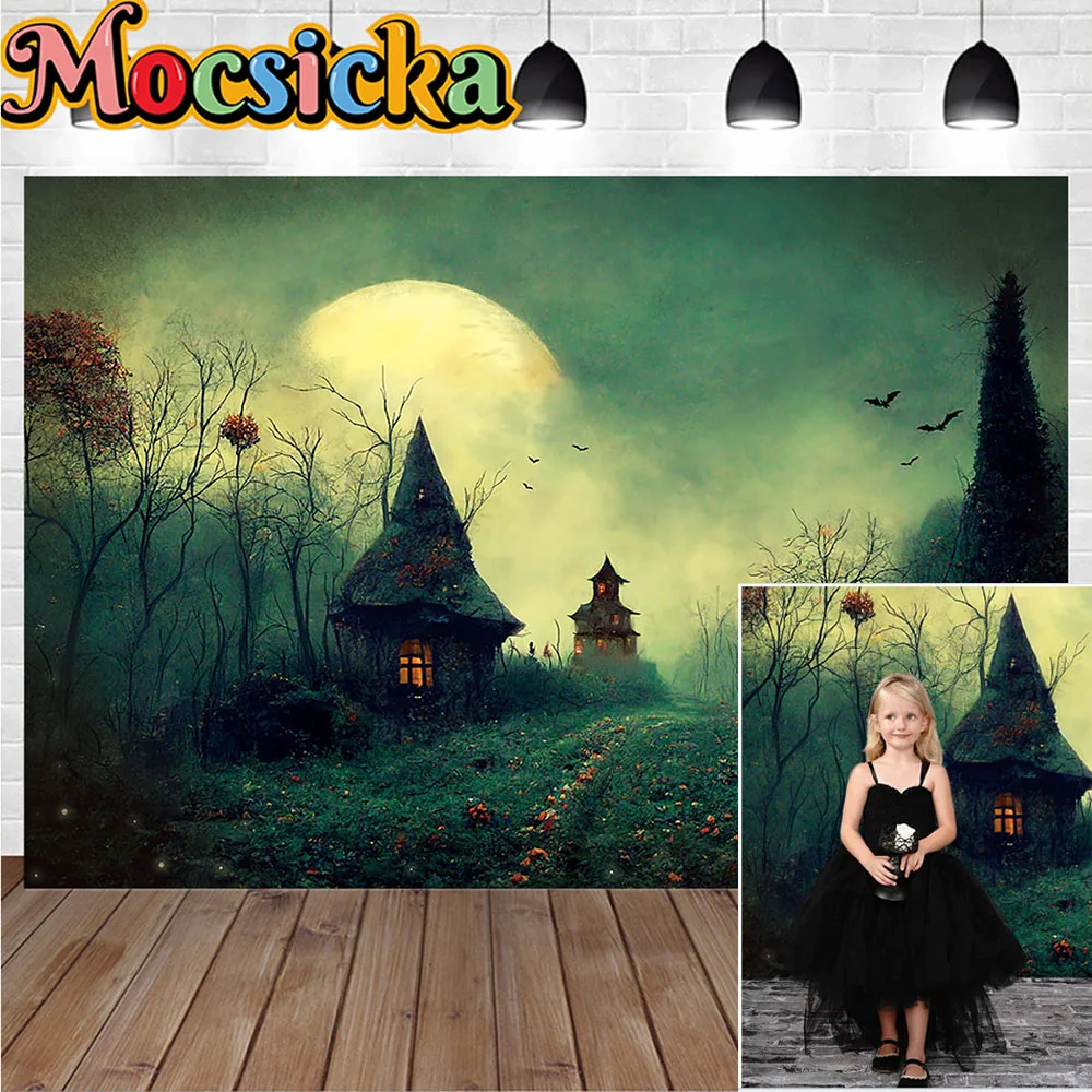 Studio Halloween Photography Background Photo Forest Cabin Bat Moon Night Decor Backdrop Wallpaper Kid Interior Photozone Poster