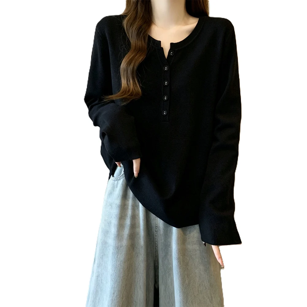 Solid Color Loose for Fit Womens Polyester T Shirt Long Sleeve Half Placket Button For Top for Office Beach Cycling Wear