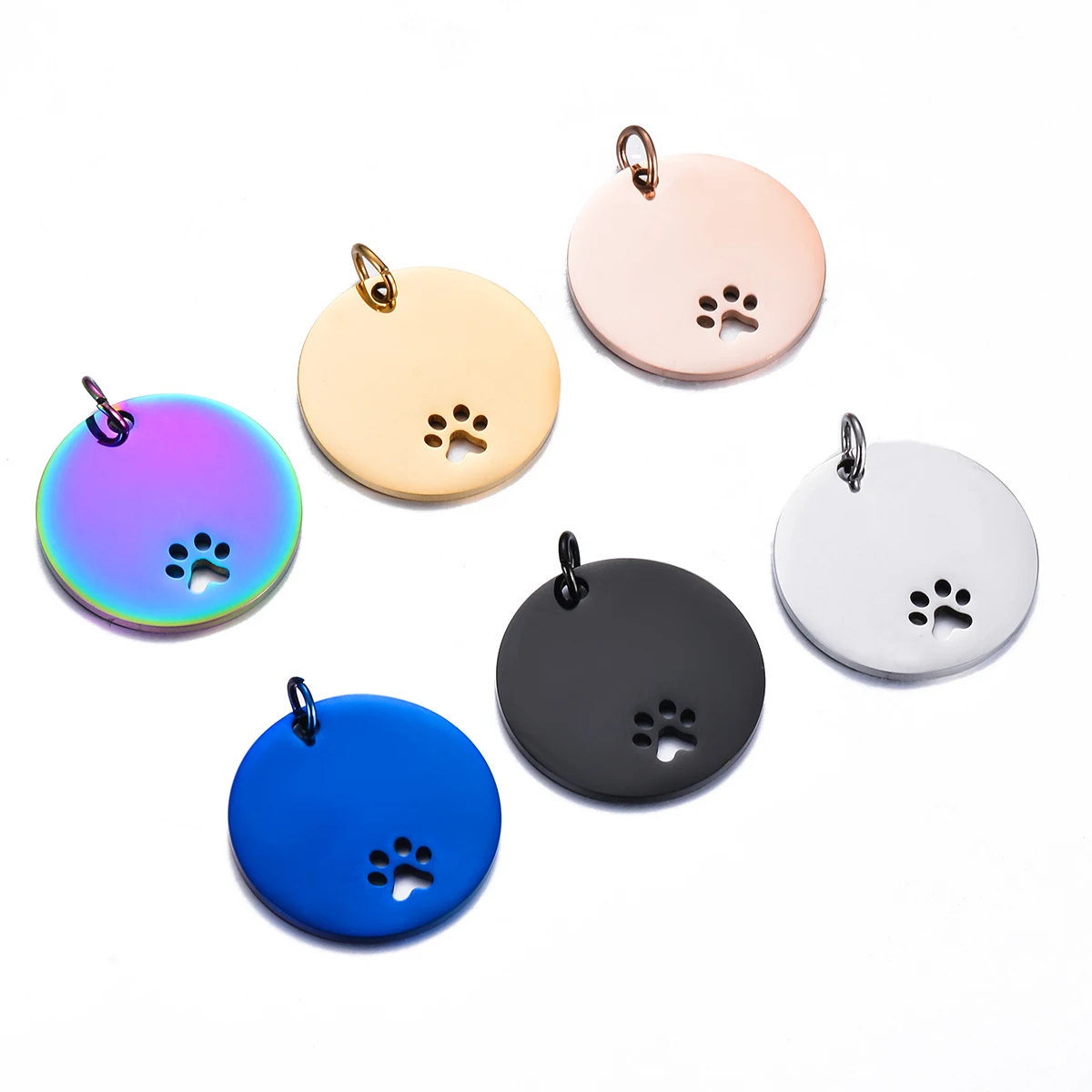 1Pc Round Dog ID Tags Paw Stainless Steel Metal Pet Pendant Custom Personalized Nameplate DIY Keychain Necklace Accessories