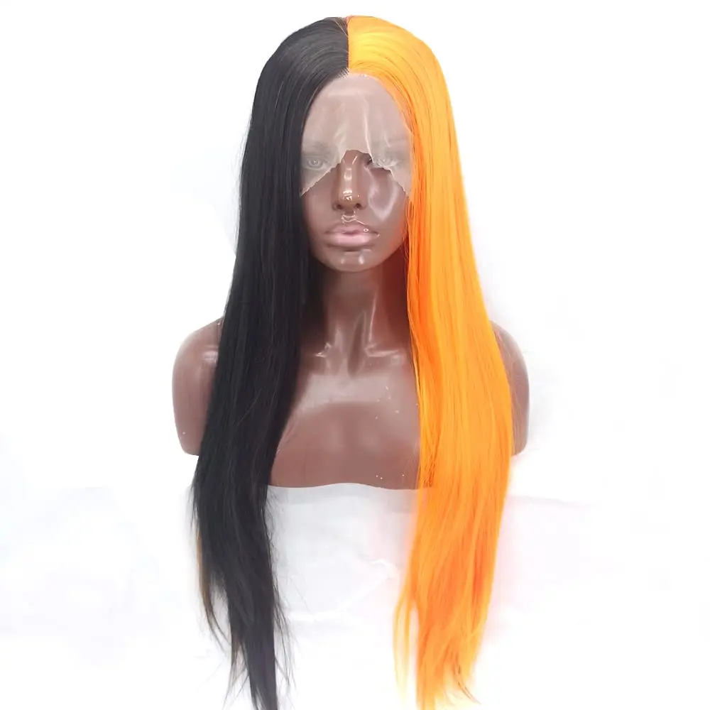 

Черный Оранжевый Парик Фронта Шнурка для Женщин Синтетические Термостойкие Прямые Парики Волос