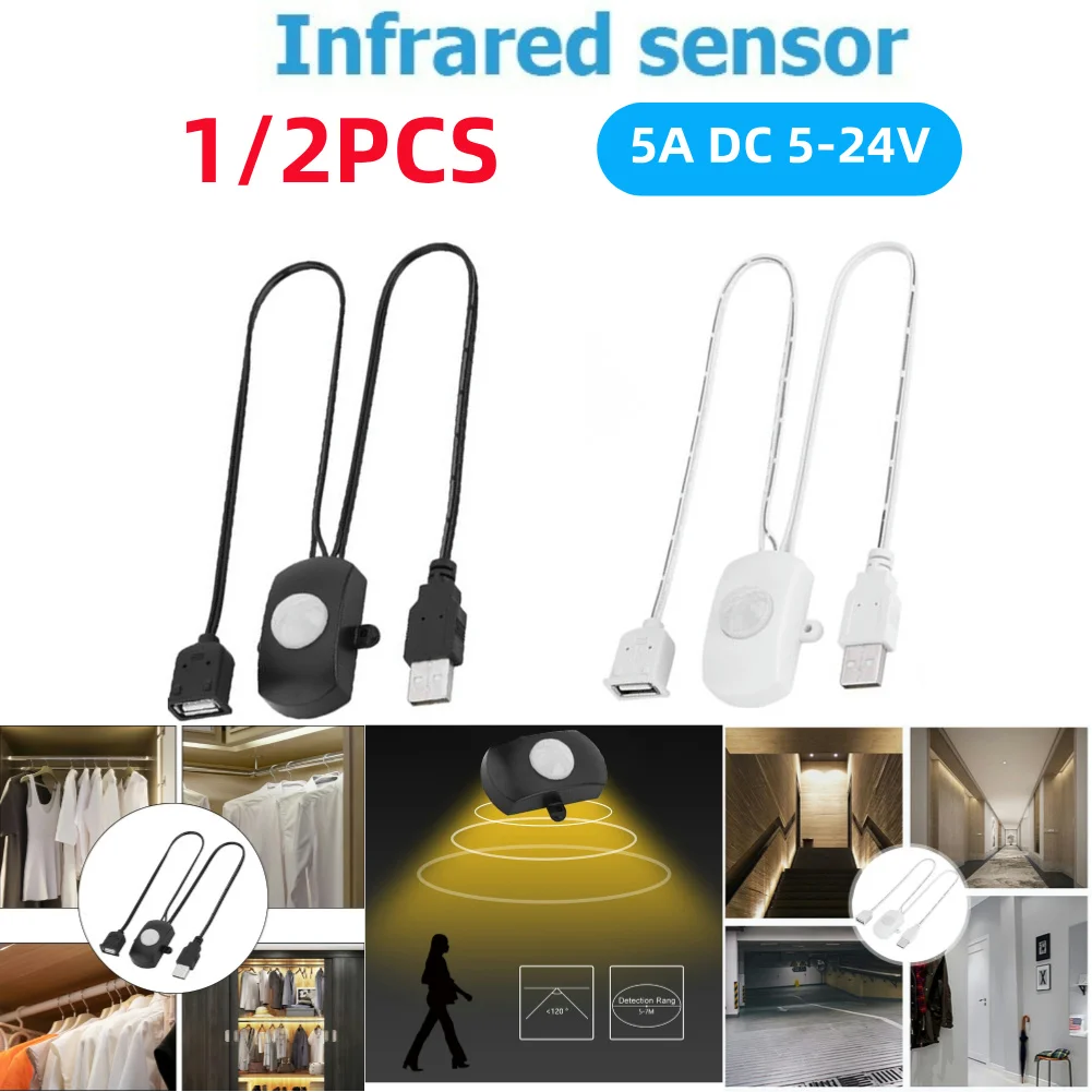 1/2Pcs USB PIR Motion Sensor Switch 5A DC 5-24V LED Light Switch USB Interface Practical Eco-friendly for Bathroom Basement