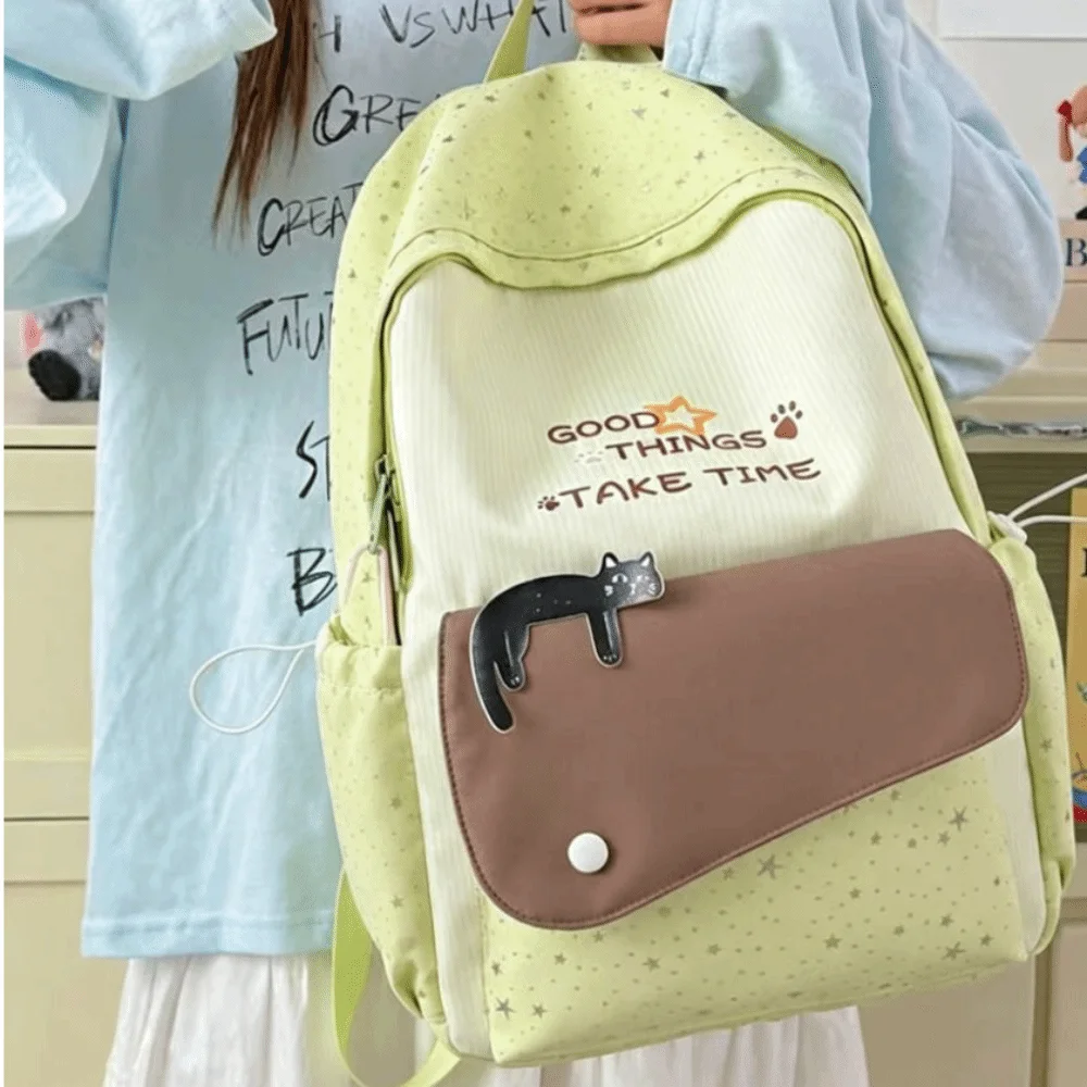 Y2k Sweet Cat Star Backpack Multicolored Minimalist Nylon Rucksack Large Capacity Multiple Pockets Student School Bag Travel Use