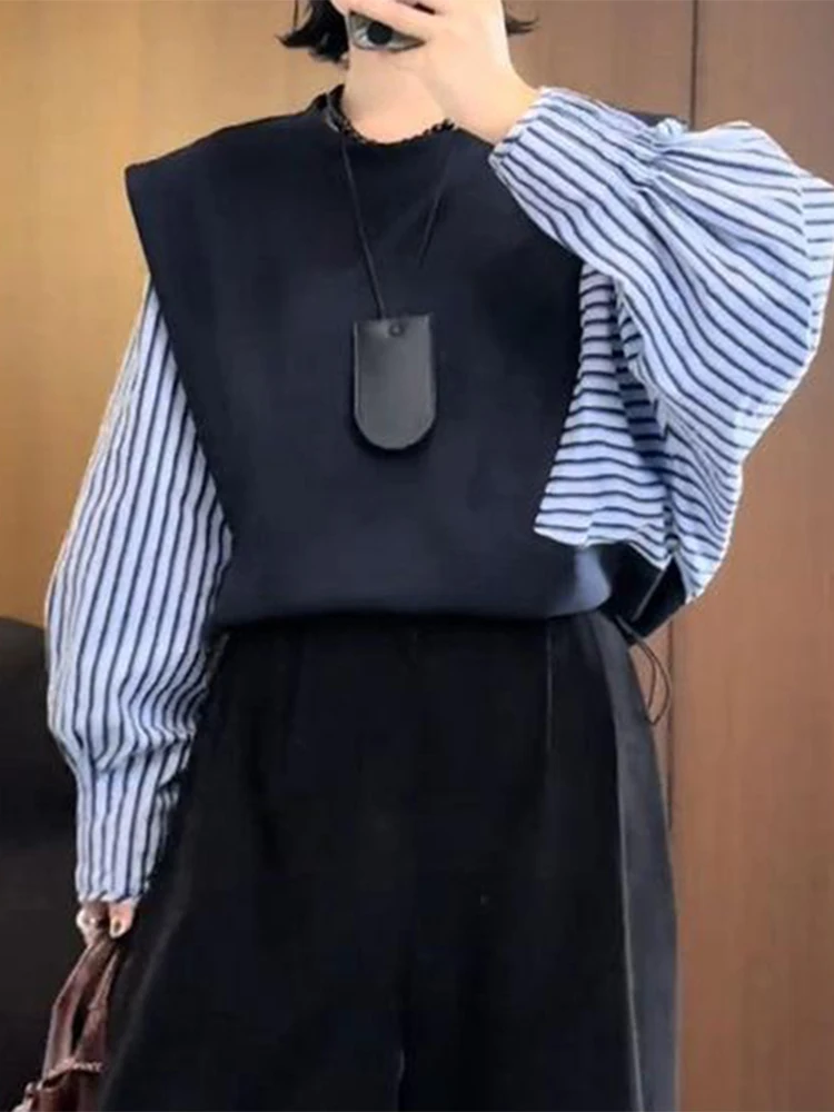 

Повседневная женская рубашка с круглым вырезом и дизайнерскими вставками, модный весенний топ из высококачественного полиэстера с длинным рукавом, воротником и пуговицами