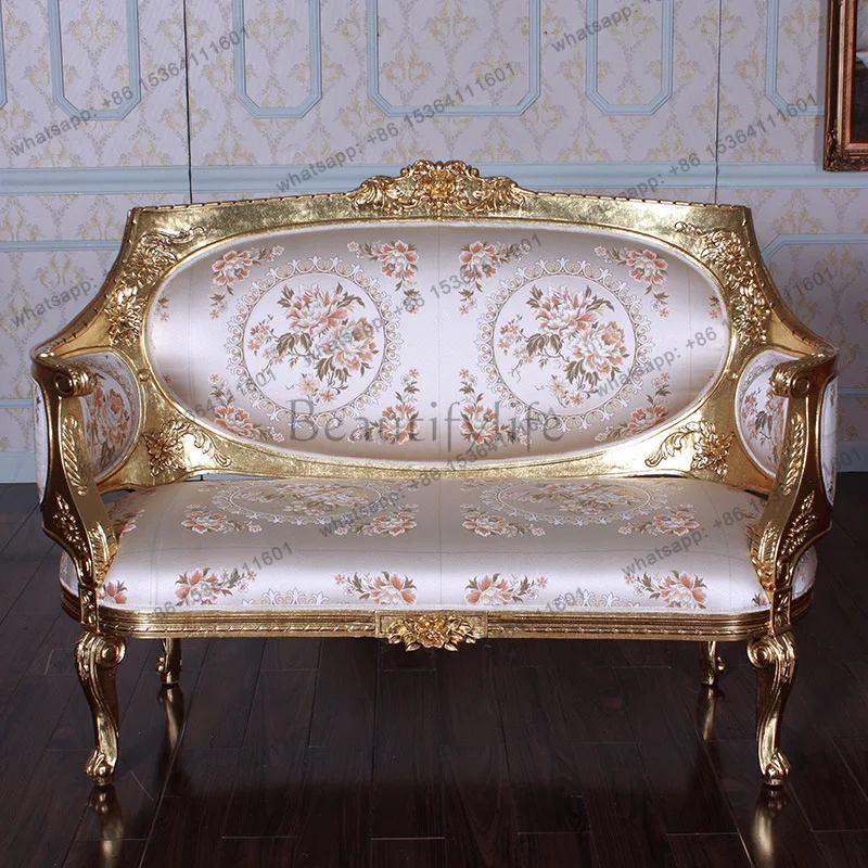 

Italian luxury classical solid wood hand-carved fabric sofa combination sticker gold foil three-person sofa