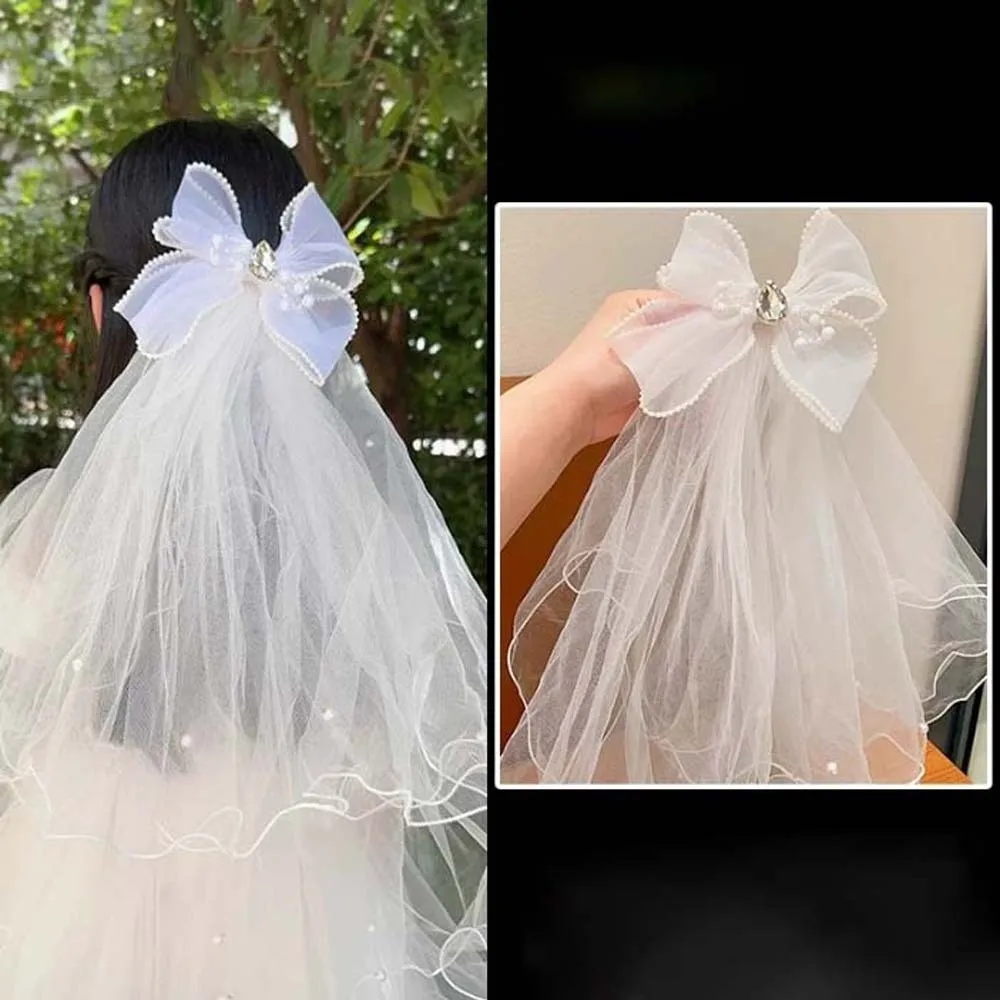 

Elegant White Veil Hair Clip Bow Mesh Girls Head Gauze Beads Rhinestone Bridal Tulle Birthday Headdress