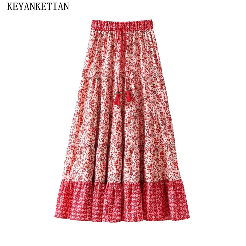 

KEYANKETIAN 2024 New Launch Bohemian Holiday wind Flower Print MIDI Skirt Women's Beading Tassel Strap Tiered A-line Skirt