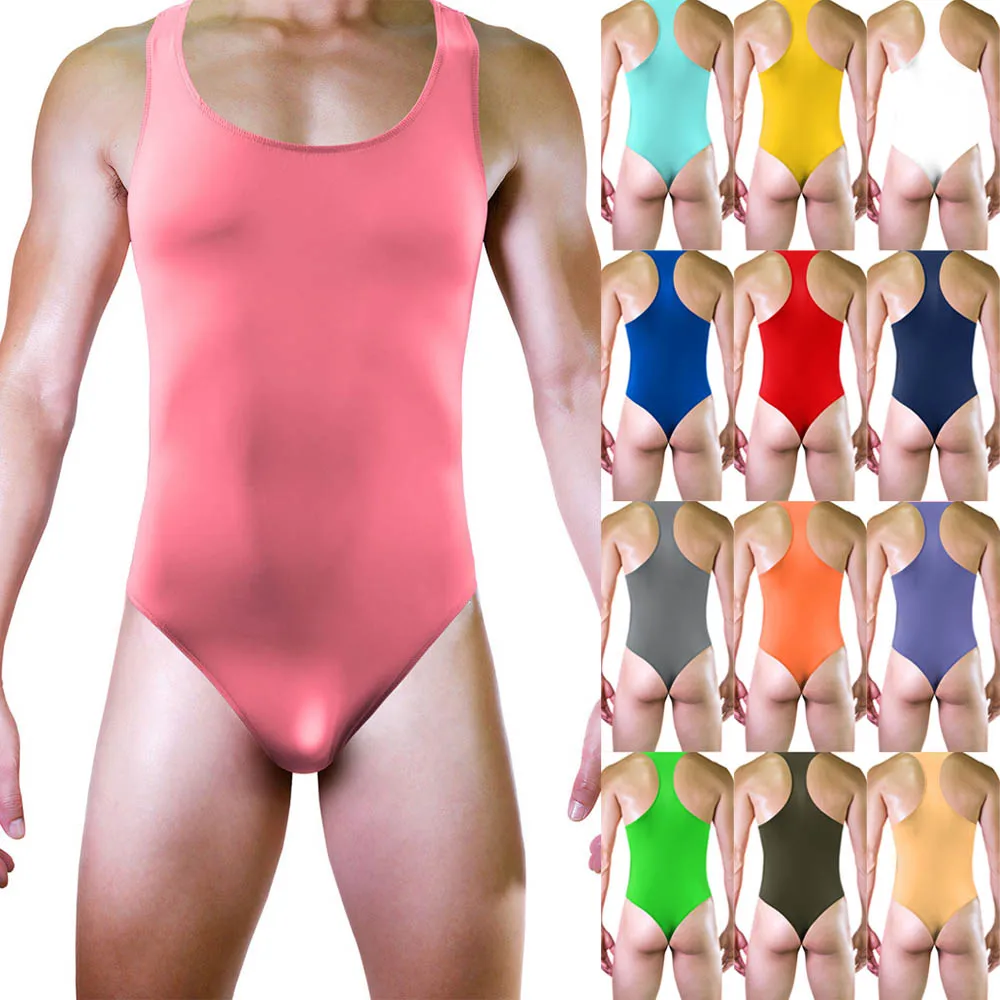 

1pc Elastic Mens Ice Silk Solid Color Jumpsuits Bulge Pouch Thongs Bodysuit Underwear Sexy Tank Tops Lingerie