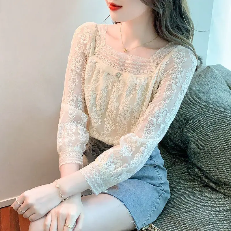 Women Stylish Lace Patchwork Sweet Blouses Square Collar Elegant Chic Shirts Casual Solid Loose Long Sleeve Tops Blusas De Mujer