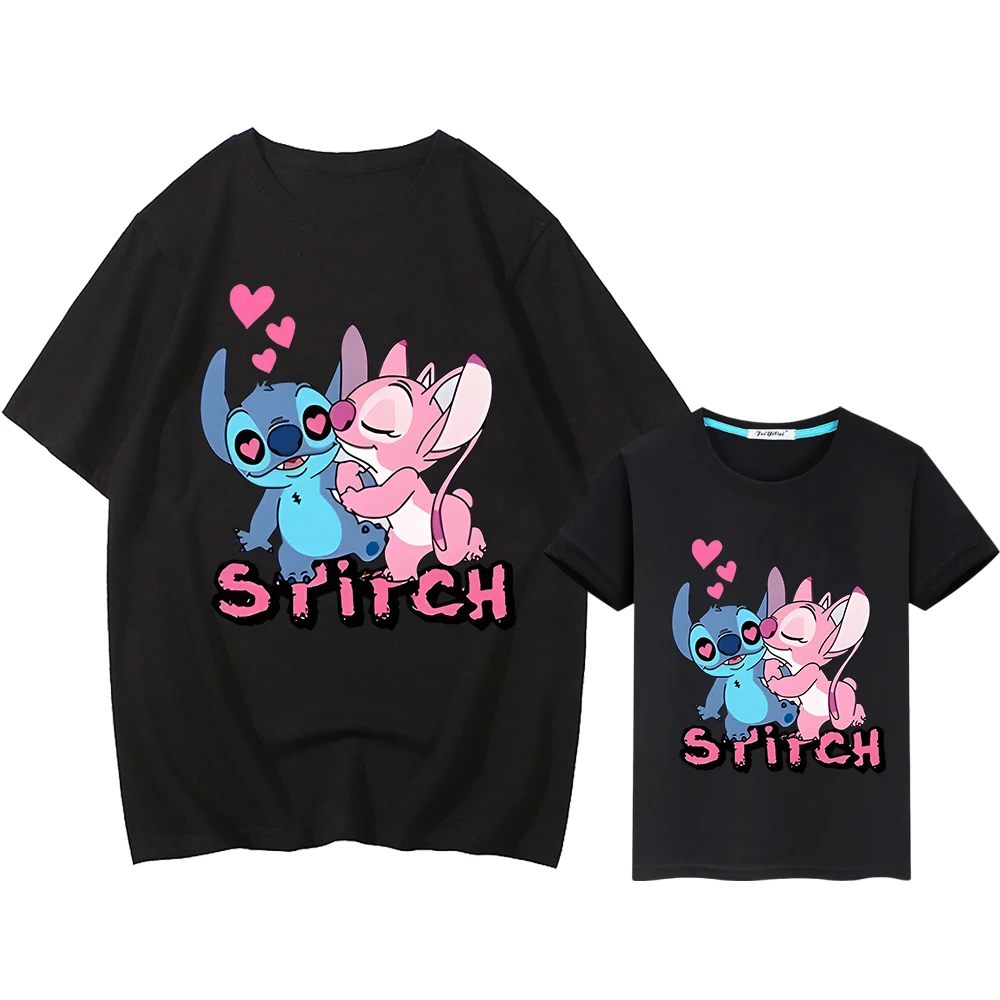 Stitch Disney mom and daughter matching clothes t shirt for kids boy 10years Print 100%Cotton Short Kawaii girls anime Tops y2k