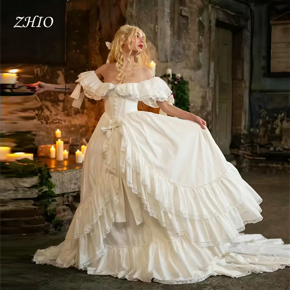 ZHIO Vintage Abendkleider, schulterfrei, gerüscht, Elfenbein, Satin, Sweep-Zug, A-Linie, Hochzeitskleid, Abendkleid, individuelle Frau