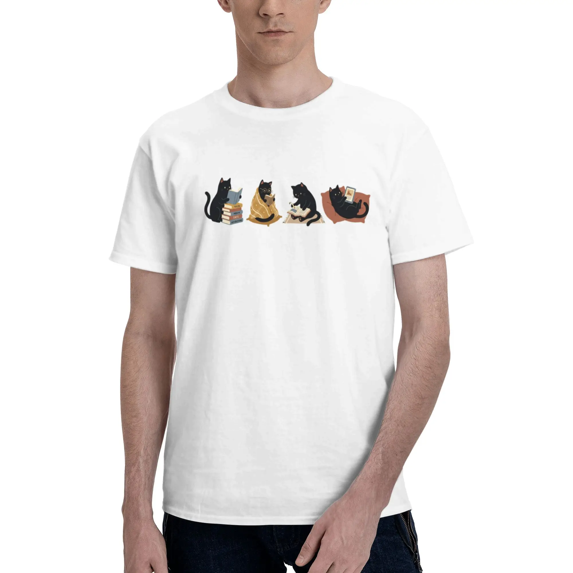 Four Cozy Book Lover Black Cats Horizontal Cartoon Men's T Shirts  Humor Tees Short Sleeve Crew Neck Cotton Classic Clothes