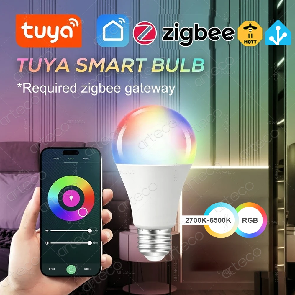 Tuya ZigBee Smart LED Light Bulb E27 RGB 2700K~6500K Dimmable Smart Lamp Smart Life App Control Works with Alexa Google Home Z2M