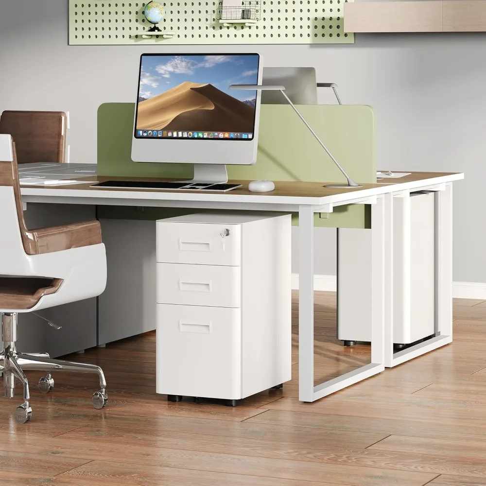 Armário de arquivo móvel com trava branca de 3 gavetas com rodas para escritório, totalmente montado, solução de armazenamento profunda de 17,7