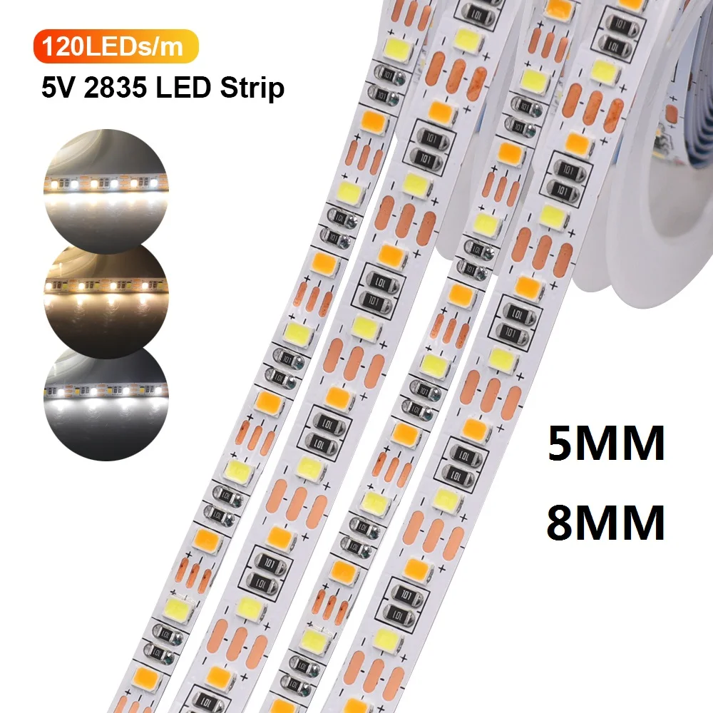 5V 5MM 8MM FPCB CCT taśma LED 5M 120LEDs/M regulowana temperatura barwowa 3000K-6500K 2835 SMD elastyczna taśma LED wstążka