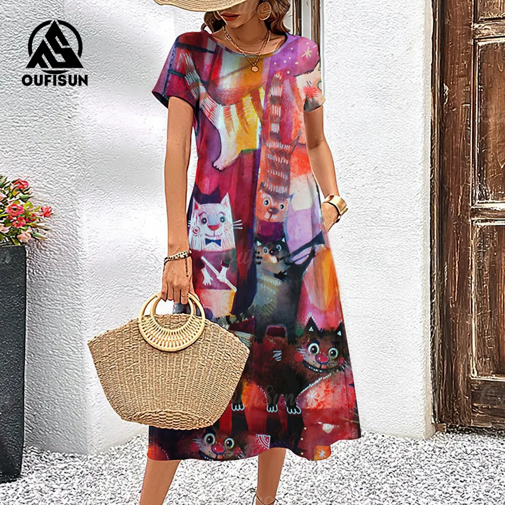 

Animal Women's Dresses Fashion Round Neck Short Sleeve Dresses Summer Vacation Casual Dresses Plus Size Cute Cat Print Pullover