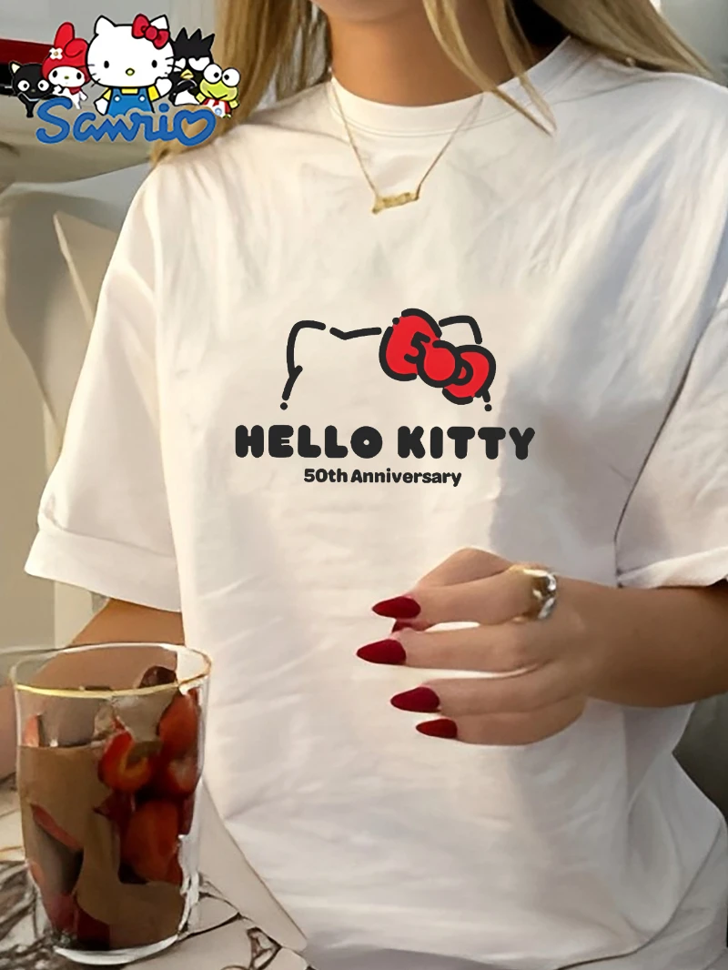 

Hello Kitty 50th Anniversary Women's Anime Pattern T-shirt - Cute Red Bow Design, Soft Round Neck Comfortable Short Sleeve Top