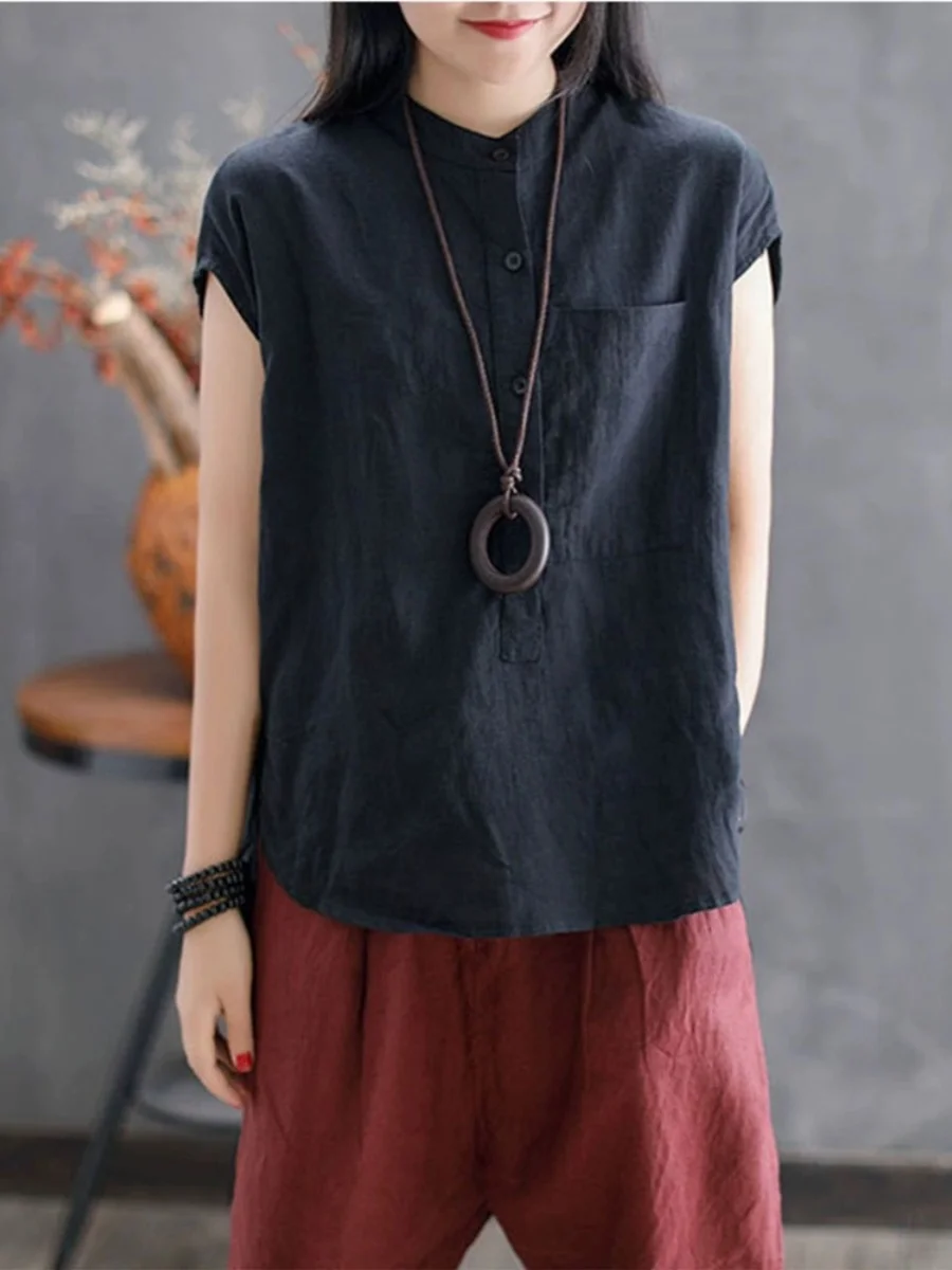 Chaleco Holgado de Lino y Algodón para Mujer, Estilo Coreano, Cuello Alto, Nuevo para Verano, Informal, para el Trabajo