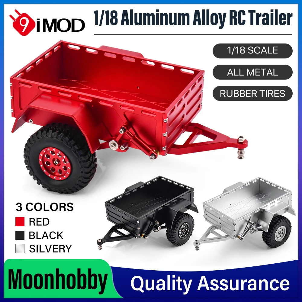 9imod 1/18 RC Trailer Metal Flatbed Aluminum Cargo Trailer with Rubber Tires DIY Kit for RC Crawler Car Off-Road Accessories
