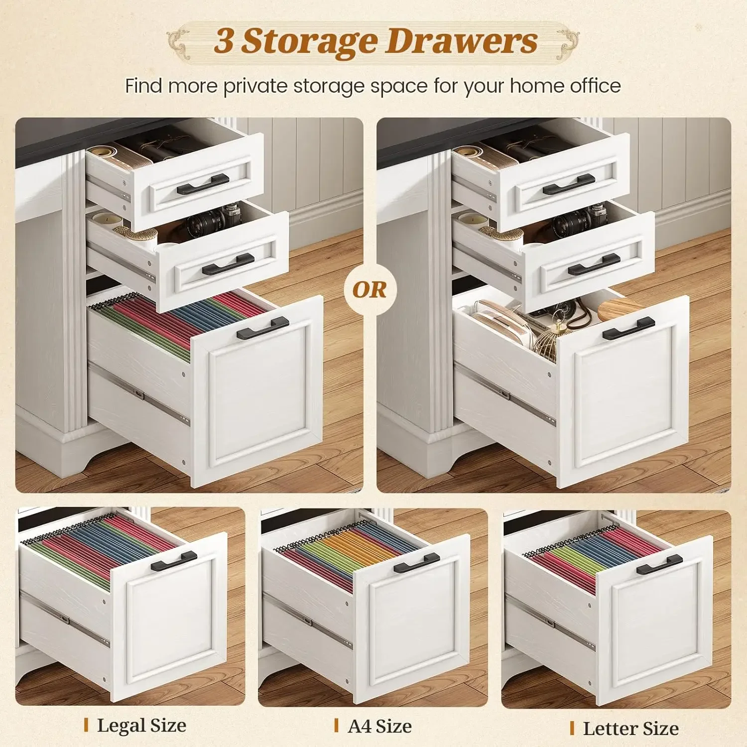 Farmhouse Computer Desk with Hutch and 3 Drawers, 47.2" Executive Office Desk with Storage DrawersWood Desk with Power Outlet fo