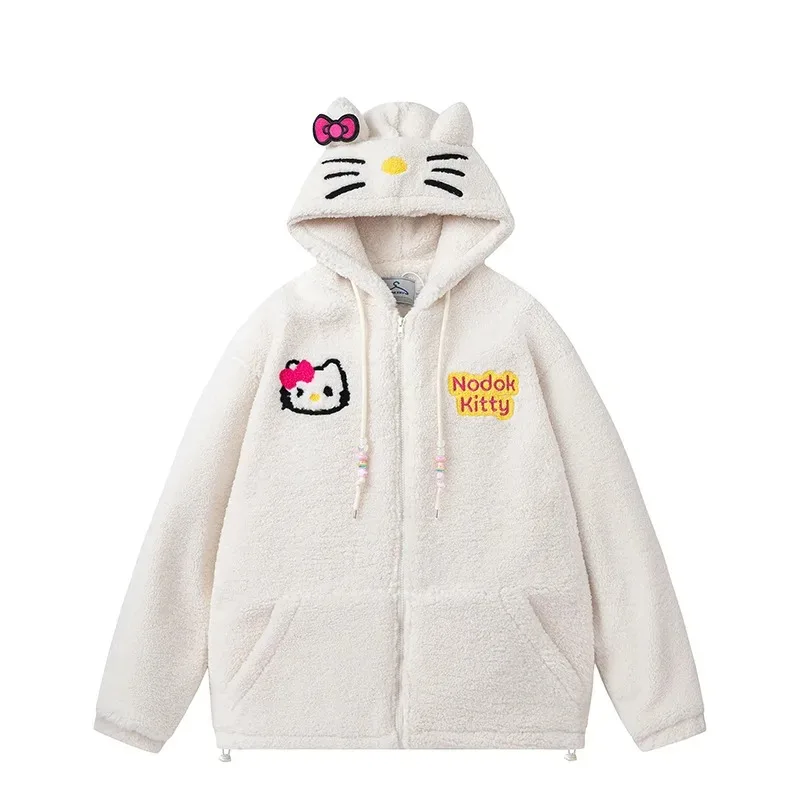 Sanrio Hello Kitty Embroidery Hooded Cotton Lamb Fleece Coat Y2k Women Zipper Trend Jacket Women Winter Thick Warm Clothes Gift