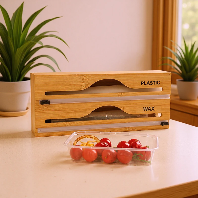 Cling Film Cutter Kitchen Storage Gadgets Wall Mounted Wooden two Layer Hidden Scratchers Two Way Cutter Aluminum Foil Cutter