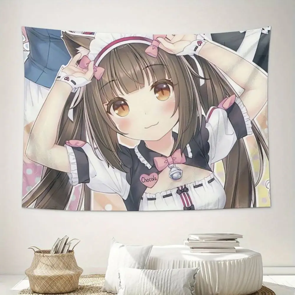 1pc N-Nekopara Chocola Brown Cat Maid Girl Tapestry Wall Hanging Aesthetic Room Decor Background Cloth for Bedroom Dorm Fans