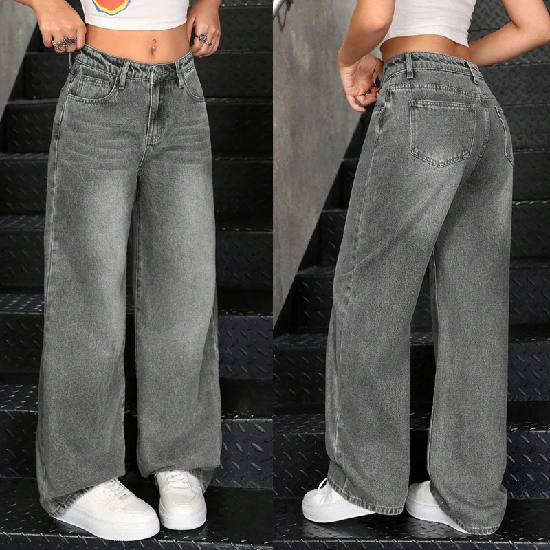 Denim Jeans Women Solid Jean Zipper Fly Empire Waist Full Length Straight Pants Slight Strech Loose Fit Streetwear 2025 Autumn