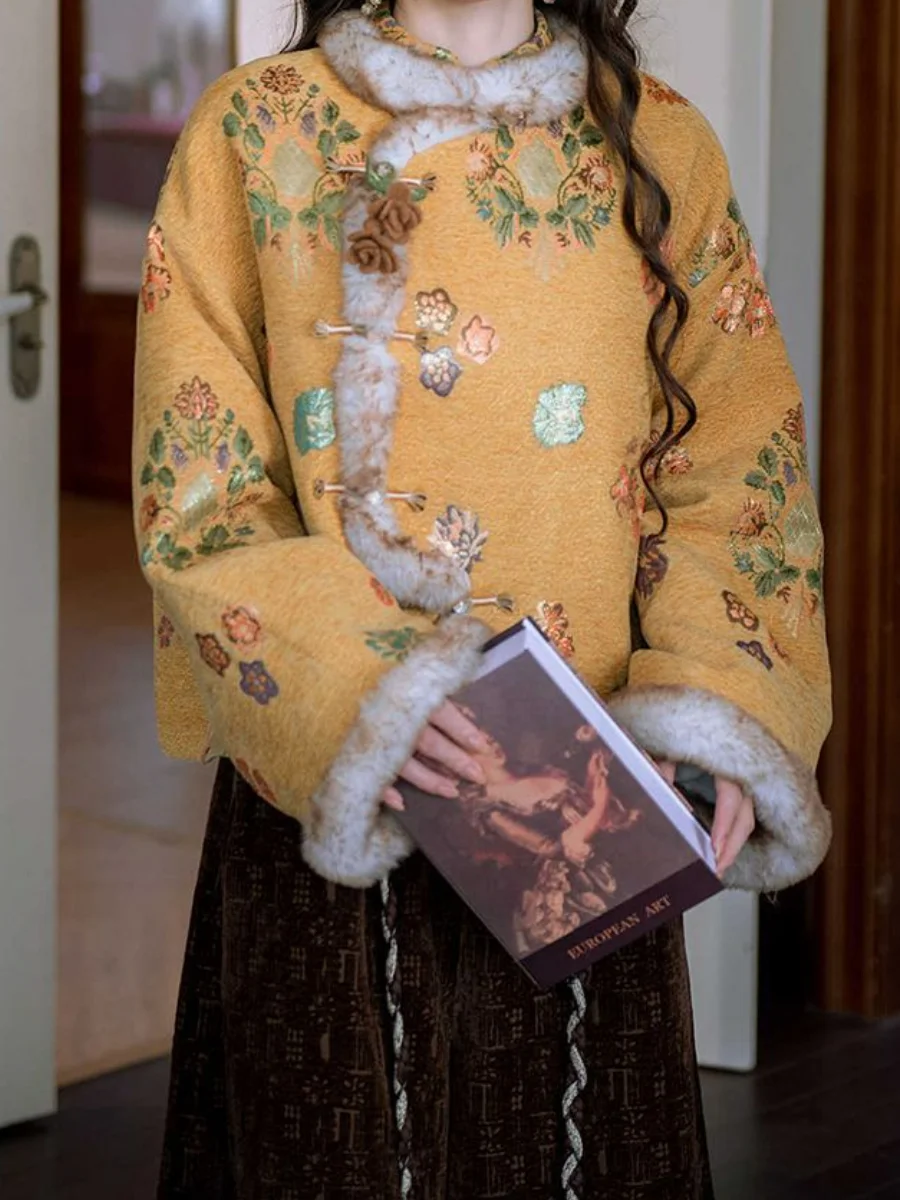 

Золотистая куртка с флисовой подкладкой, винтажная, с вышивкой, теплая верхняя одежда, осенне-зимние брюки с широкими штанинами, на молнии, с круглым вырезом, длинный рукав, полиэстер