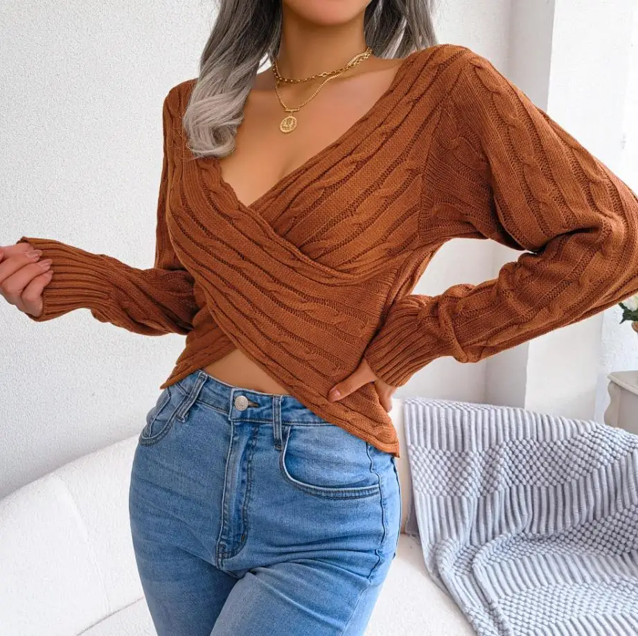 Long Sleeve 2023 New Popular Fashion Women's Sexy Cross V-Neck Fried Dough Twists Long Sleeve Open Navel Sweater