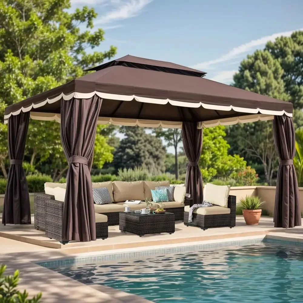 Durable 10x13 Outdoor Gazebo with Double Roof, Mosquito Net, and Curtains for Backyard Parties and Garden Gatherings - Brown