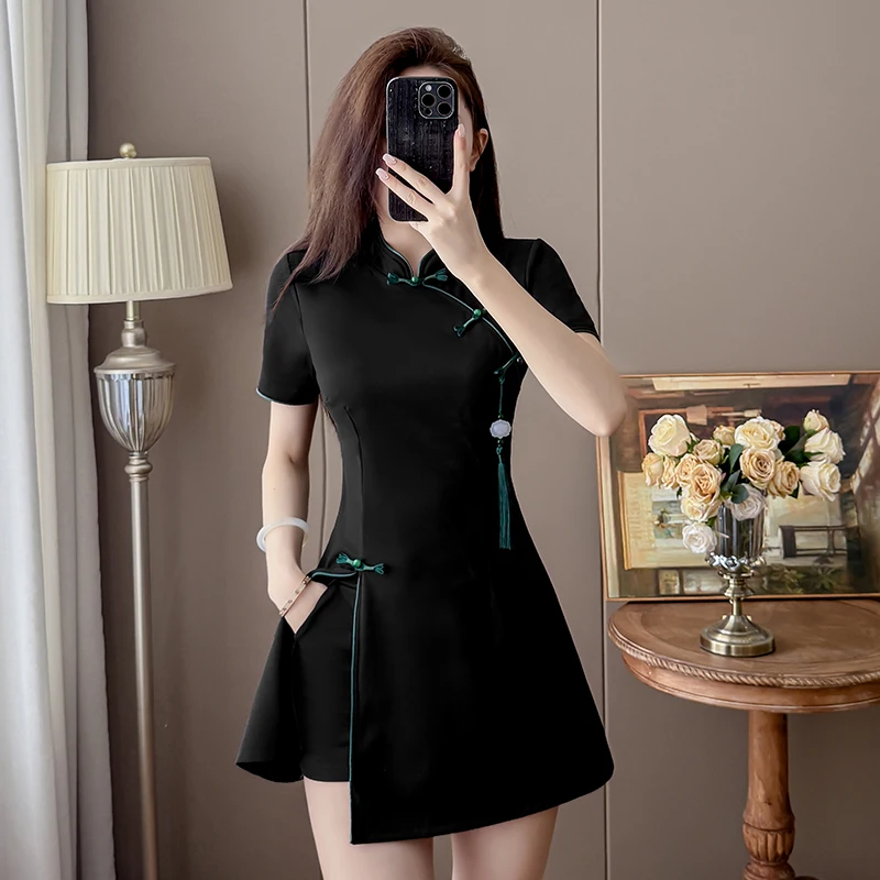 2026 New Chinese Style Black Tassel Cheongsam Dress+Shorts 2 Piece Set Women Red Green Side Split Slim Fit Summer Outfit view 4
