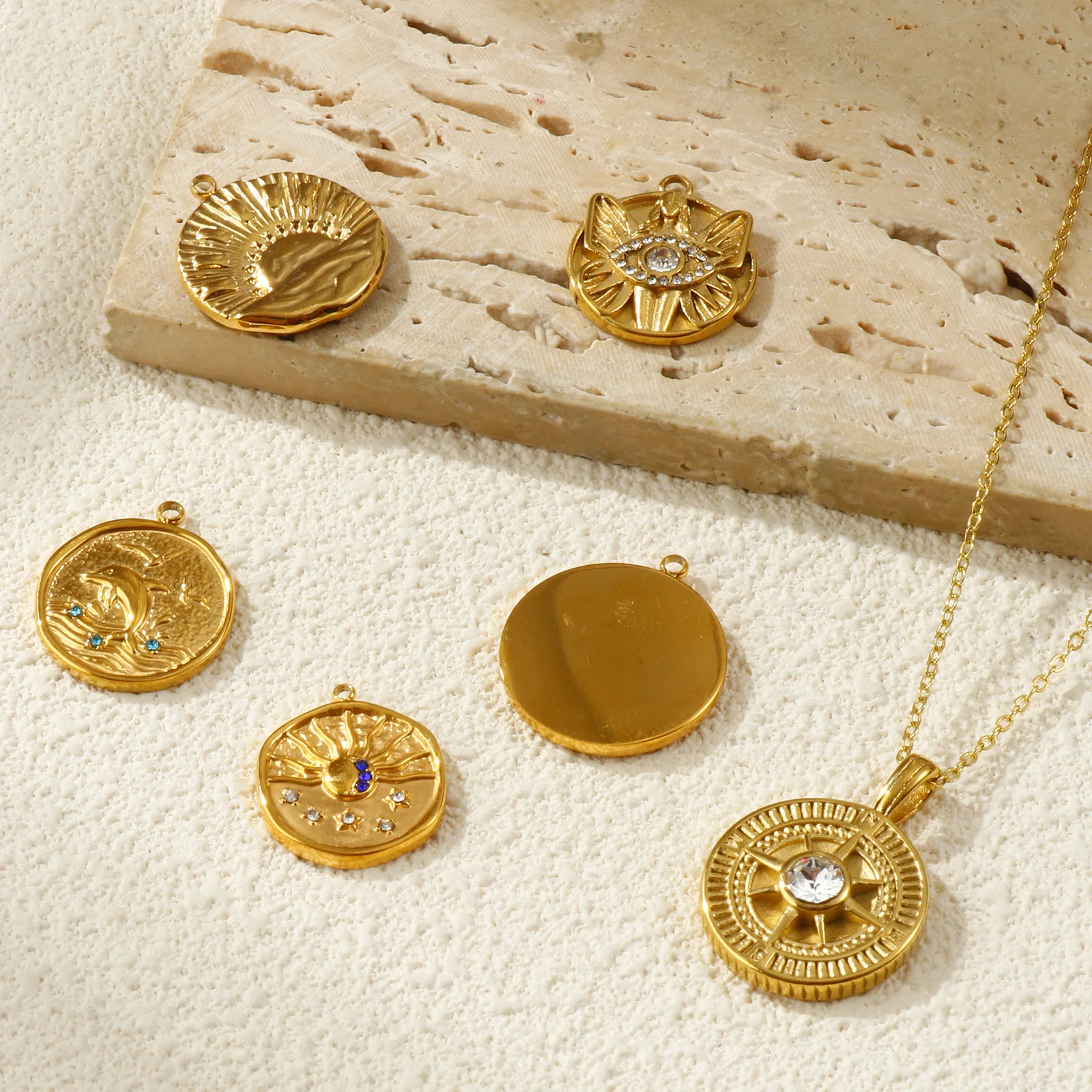 1pc Stainless Steel Charms Gold Color Galaxy Round Sun Star Micro Pave Rhinestone Pendant DIY Women Necklace Jewelry Findings