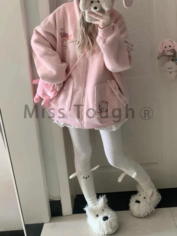 Japanese Kawaii Sweet Long Sleeve Loose Coat Women New Fashion Zipper Hoodie Sweatshirt Female Winter Chic Solid Lovely Overcoat