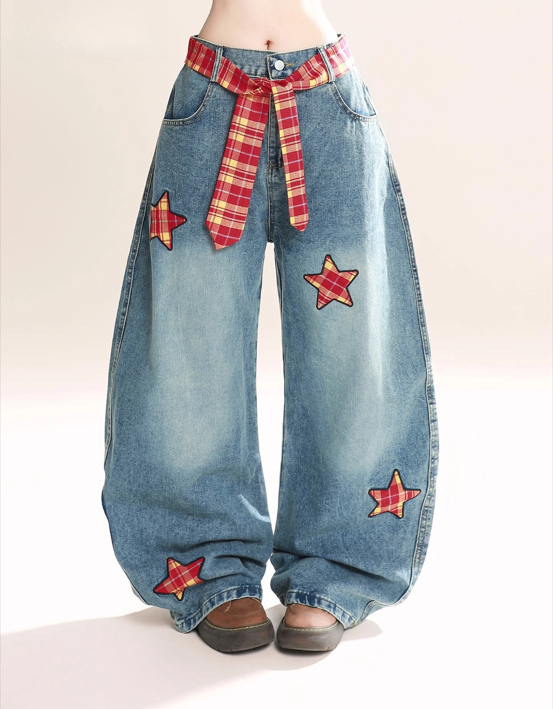 2025 Spring and Autumn American Retro Style Blue Star Patch Embroidery Plaid Belt Casual Daily Loose Wide-Leg Jeans